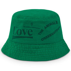 The Green Love Bucket Hat from The Animals Observatory. Bucket hat with the design of the word “love.” 