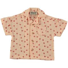 The Heart Print Baby Shirt from Tocoto Vintage. Short sleeve resort style baby shirt with heart print.