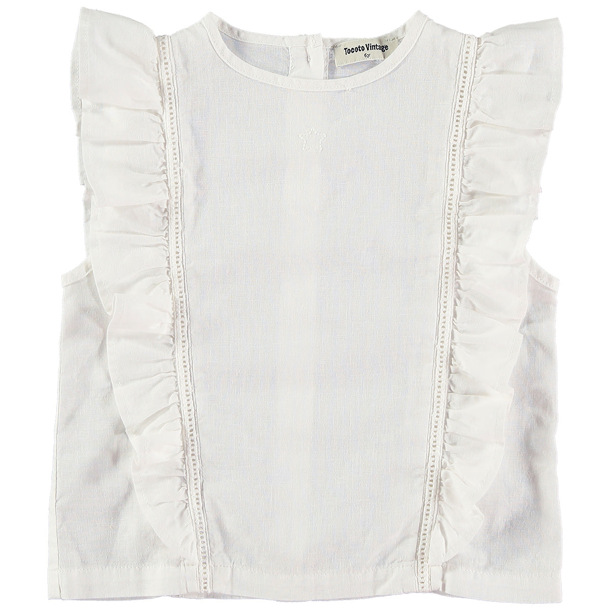 The Sleeveless Ruffled Blouse from Tocoto Vintage. Sleeveless blouse with ruffles. Made with cotton and linen.