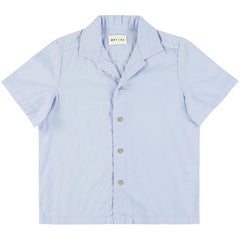 The Sault Shirt from Morley. A blue short-sleeved button-up, lightweight and breathable.