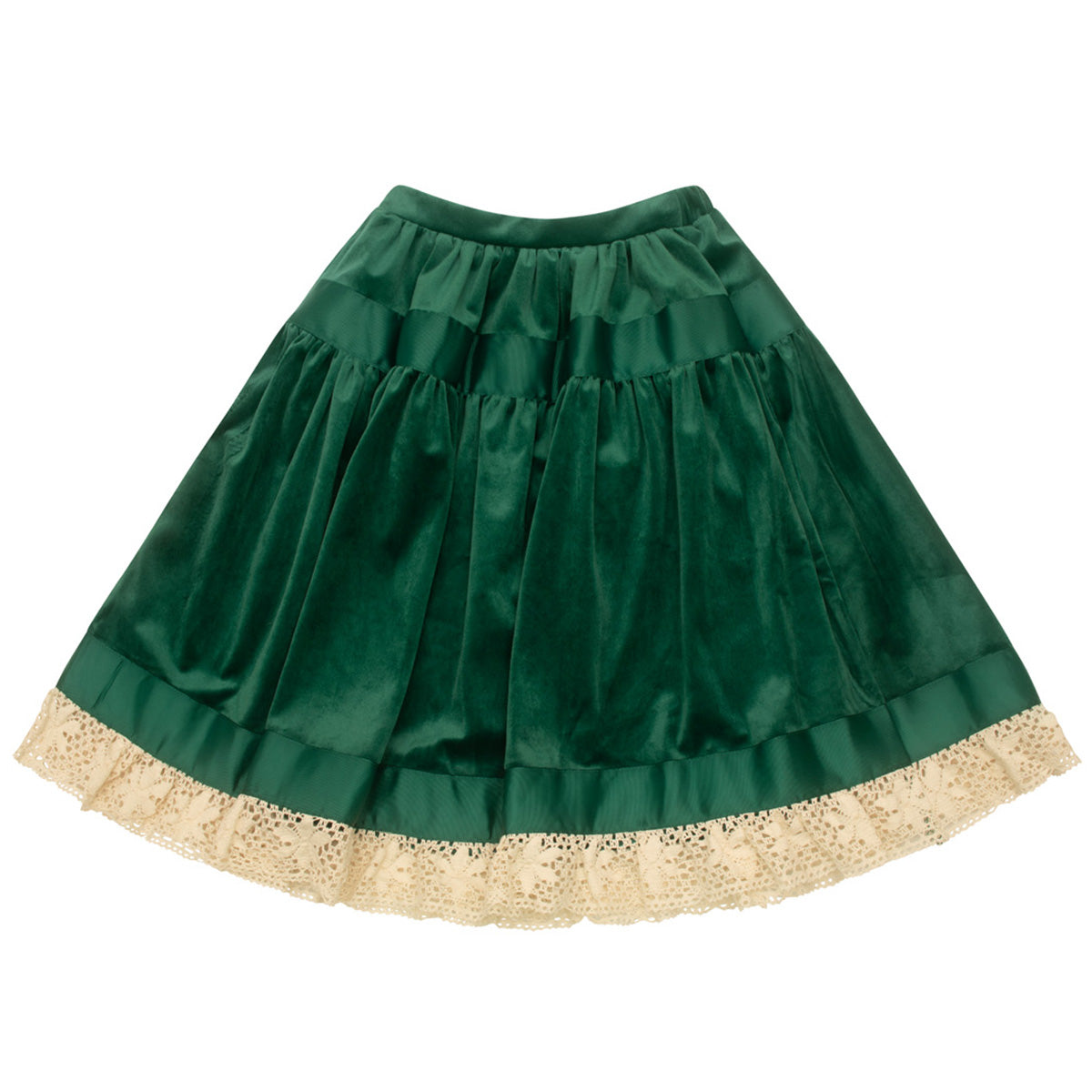 Scale Up Skirt by The Middle Daughter. Velvet gathered tiered skirt with contrast lace hem