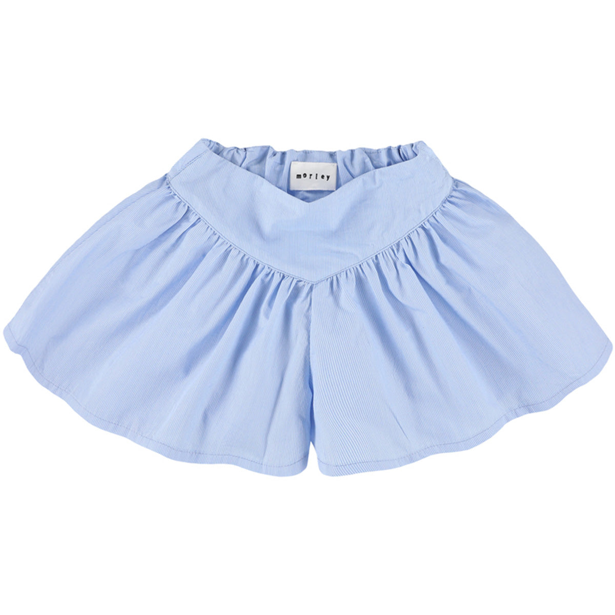 The Scooby Shorts from Morley, light blue flared shorts with elastic waistband and gathered detailing.