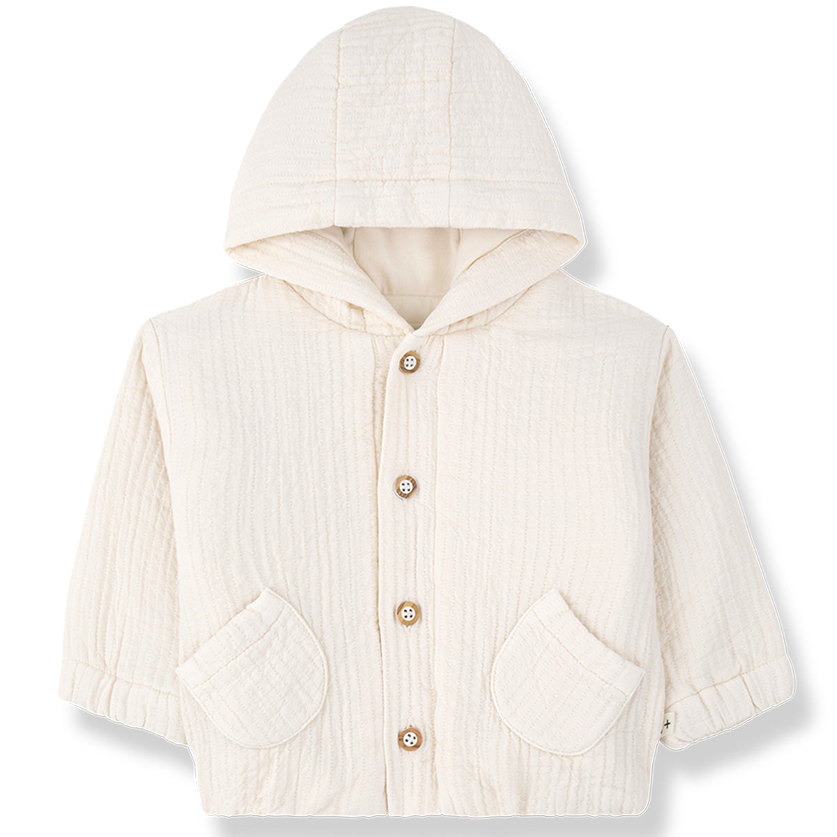 The Sefiros Padded Jacket from 1+ in the Family, a quilted baby jacket with a hood, front buttons, and two patch pockets.