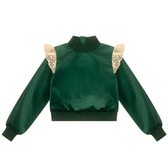 Side Hustle Top from The Middle Daughter. Velvet top with fairly chunky rib detailing and contrast lace frills to shoulder.