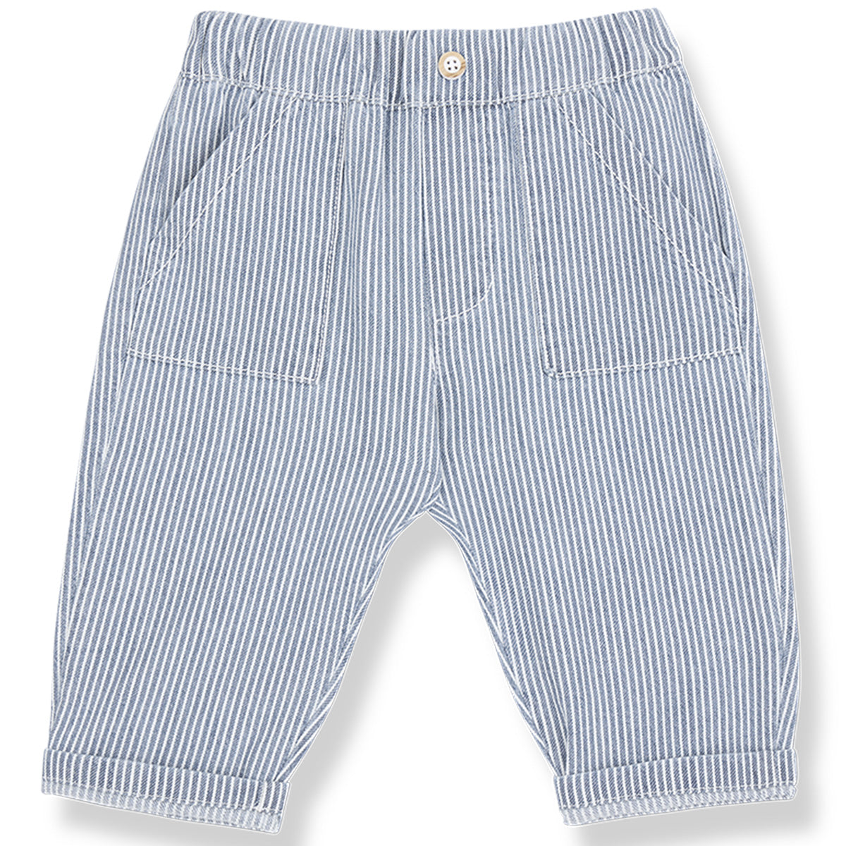 The Sineu Pants from 1+ in the Family in striped denim with elastic waistband, front button, patch pockets, and rolled cuffs.