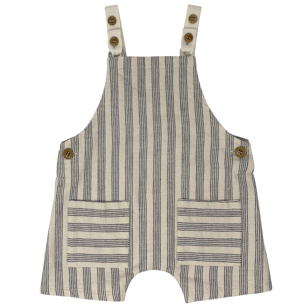 Baby Salopette Woven Romper from Zhoe & Tobiah. Striped baby romper in natural tones with double wooden button straps