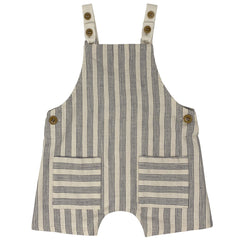 Baby Salopette Woven Romper from Zhoe & Tobiah. Striped baby romper in natural tones with double wooden button straps
