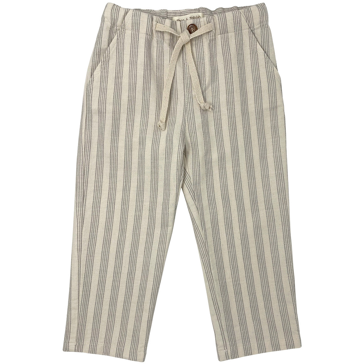 Terra Di Siena Woven Pants from Zhoe & Tobiah. Striped pants feature a neutral tone with navy vertical stripes.