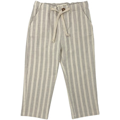 Terra Di Siena Woven Pants from Zhoe & Tobiah. Striped pants feature a neutral tone with navy vertical stripes.