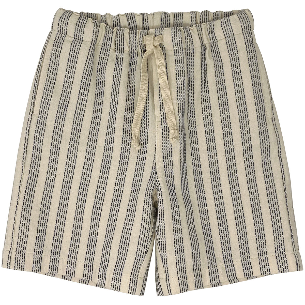 Indigo Woven Bermuda from Zhoe & Tobiah. Striped shorts feature a neutral base with vertical navy lines.