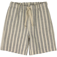 Indigo Woven Bermuda from Zhoe & Tobiah. Striped shorts feature a neutral base with vertical navy lines.