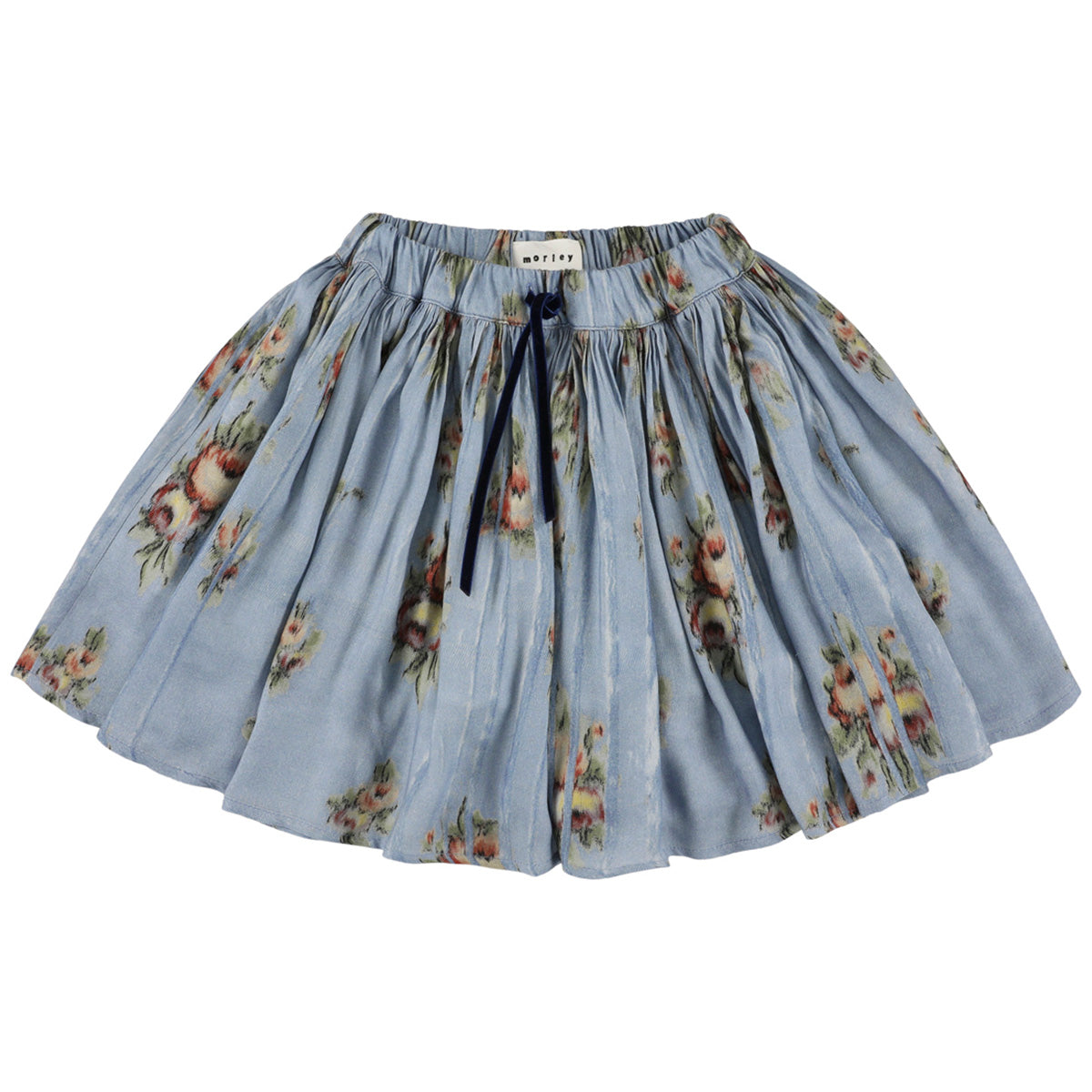 The Sprinter Skirt from Morley in dusty blue watercolor floral with a gathered flare and velvet tie.