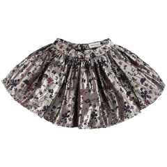The Sprint Skirt from Morley featuring a metallic floral weave and a gathered flared silhouette.