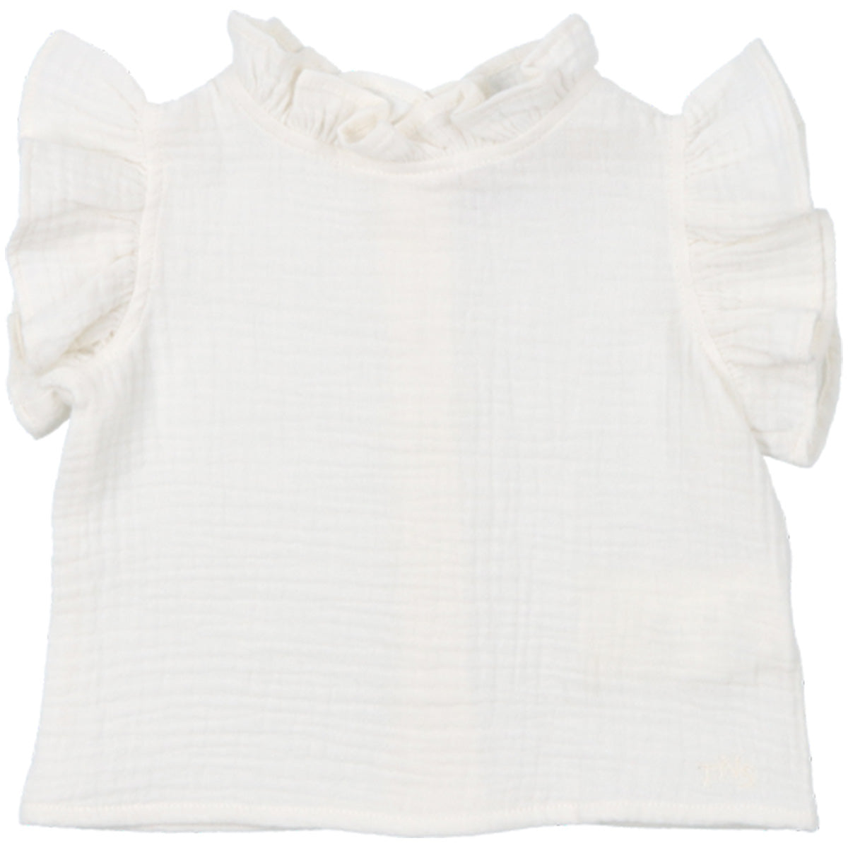 The Spyros Blouse Coconut from The New Society. It features delicate ruffles on the collar and armholes.