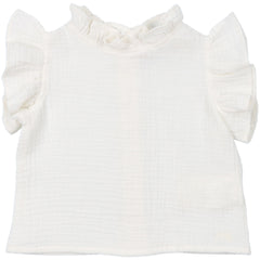 The Spyros Blouse Coconut from The New Society. It features delicate ruffles on the collar and armholes.