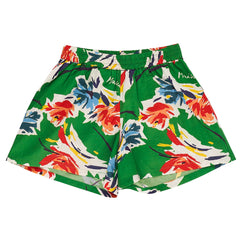 The Flowers Shorts from Maison Mangostan. Shorts in green with elasticated waist and flowers print.