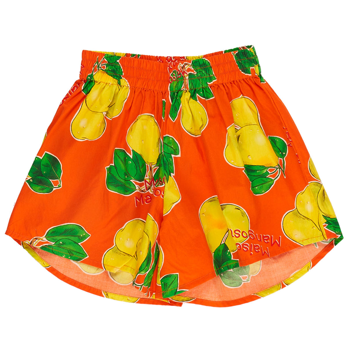 The Peritas Shorts from Maison Mangostan. Loose fit shorts, All over pear print, Elasticated waist.