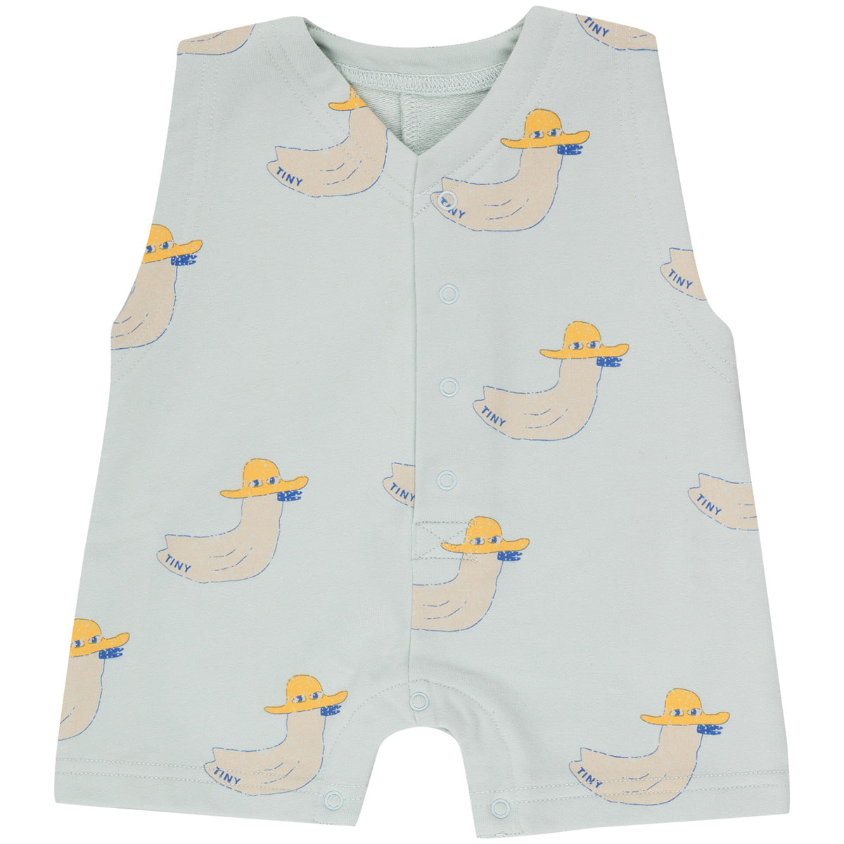 The Ducks Jumpsuit from Tiny Cottons. Sleeveless baby romper with playful duck prints and front snaps.