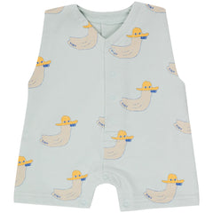 The Ducks Jumpsuit from Tiny Cottons. Sleeveless baby romper with playful duck prints and front snaps.