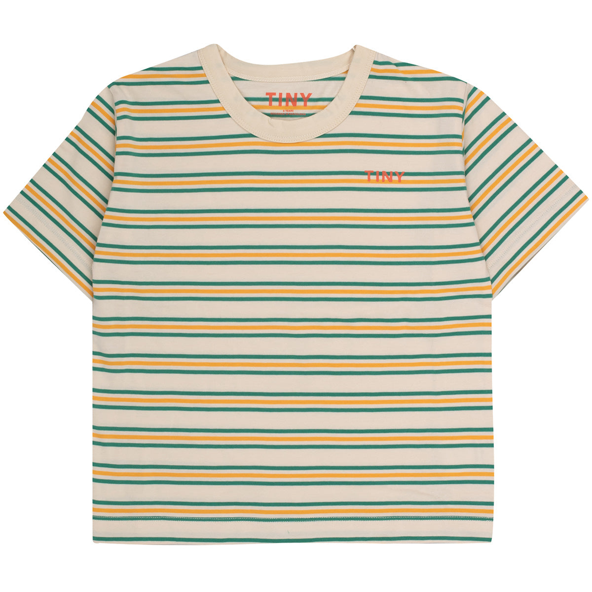 The Stripes Multicolor Tee from Tiny Cottons. Striped short-sleeve T-shirt featuring green, yellow, and orange lines.
