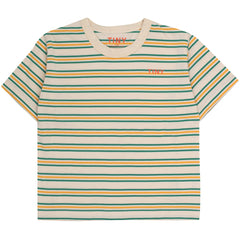 The Stripes Multicolor Tee from Tiny Cottons. Striped short-sleeve T-shirt featuring green, yellow, and orange lines.