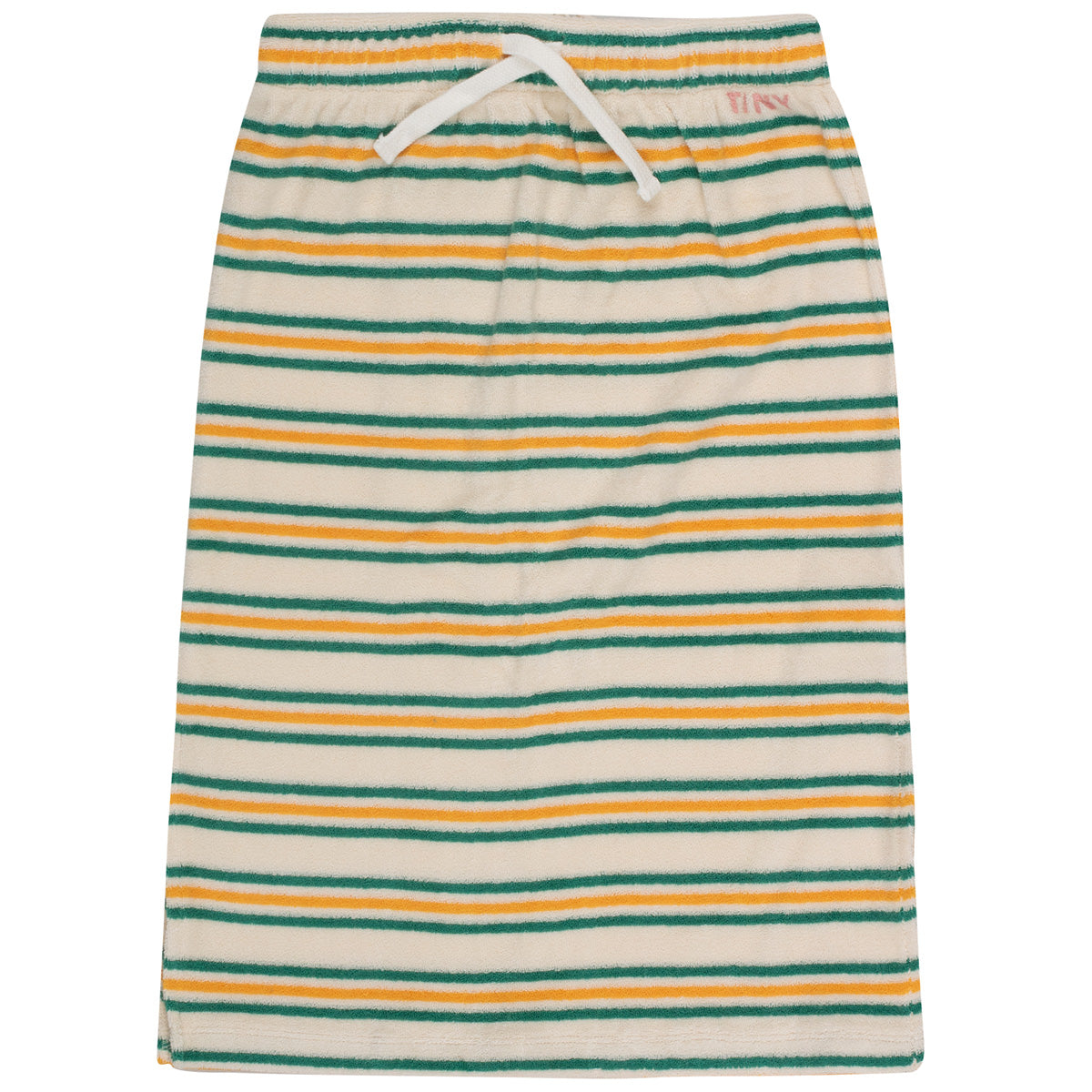 The Stripes Multicolor Long Skirt from Tiny Cottons. Long skirt in light cream, dark emerald and deep yellow colorway.