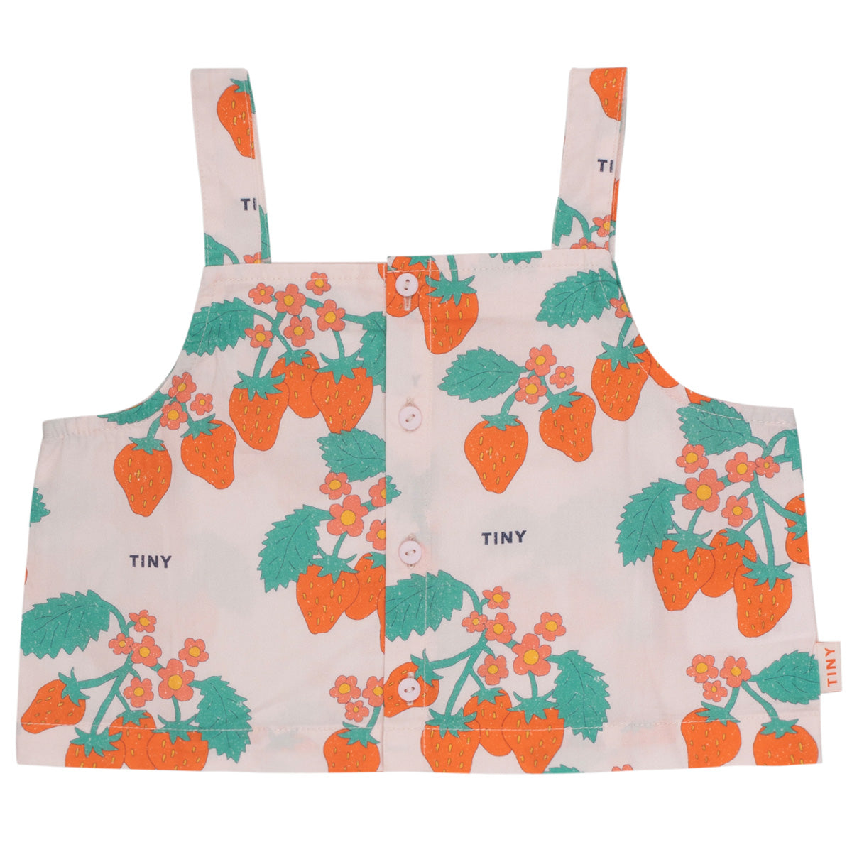 The Strawberries Woven Crop Top from Tiny Cottons. Cropped sleeveless top with strawberry and flower print.
