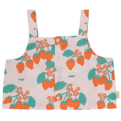 The Strawberries Woven Crop Top from Tiny Cottons. Cropped sleeveless top with strawberry and flower print.
