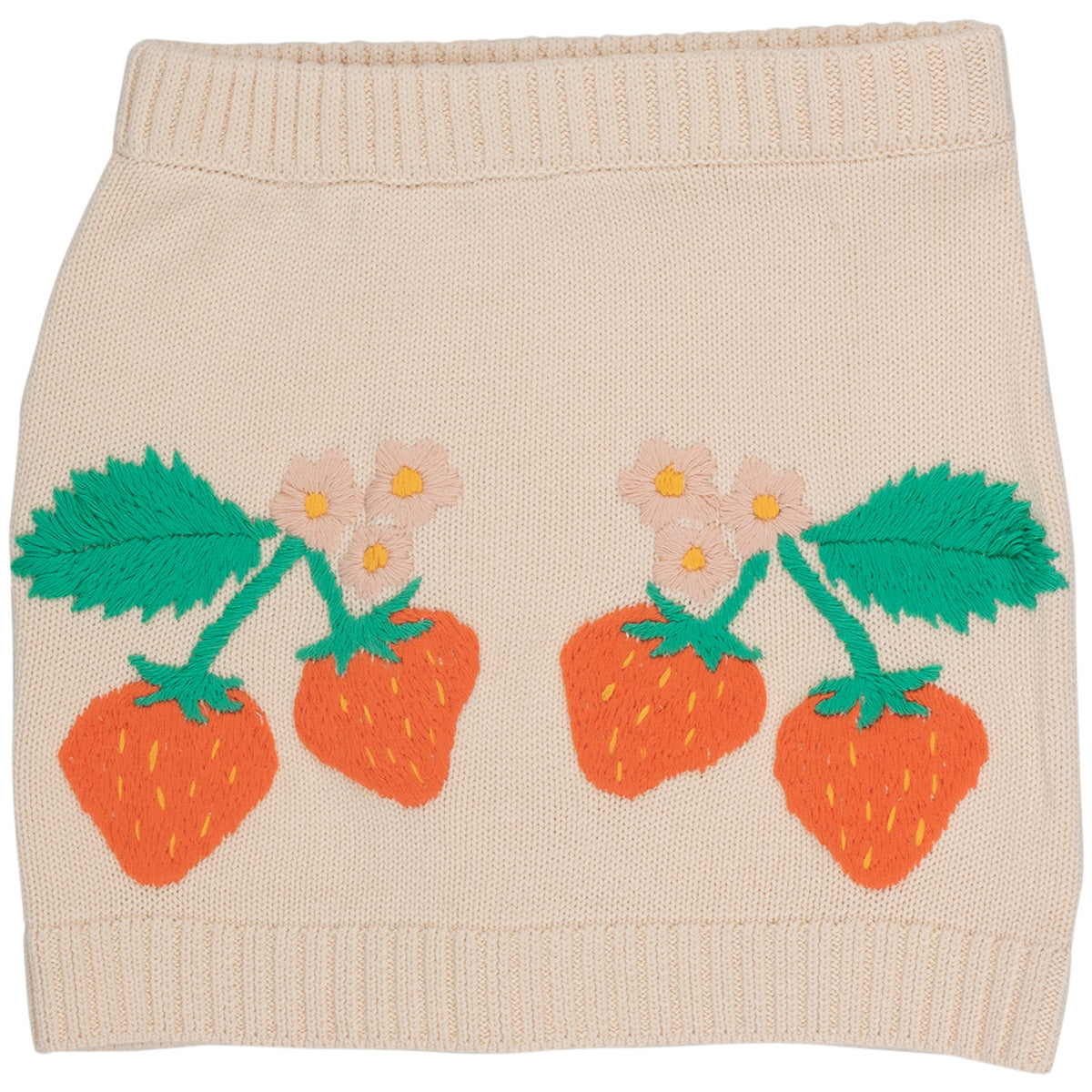 Strawberries Skirt by Tiny Cottons. This knitted skirt, features bold hand-embroidered strawberries.