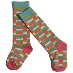 The Samuel Intarsia Knee Socks from Tia Cibani. Multi-colored socks made up in an intarsia style colorblocked pattern.