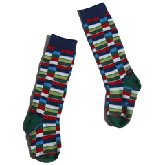 The Samuel Intarsia Knee Socks from Tia Cibani. Multi-colored socks made up in an intarsia style colorblocked pattern.