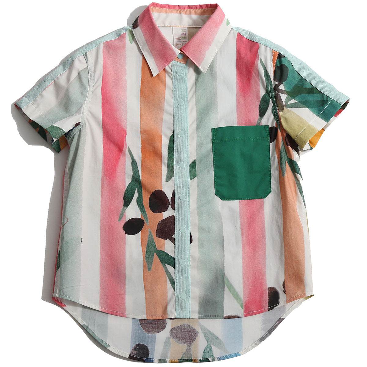The Salana Multi Snap Shirt from Tia Cibani. Collared short sleeve shirt with contrasting snap tape