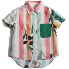 The Salana Multi Snap Shirt from Tia Cibani. Collared short sleeve shirt with contrasting snap tape