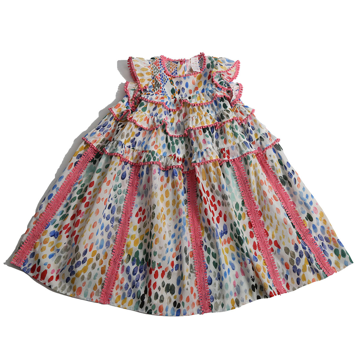 The Pearl Dropped Waist Frock from Tia Cibani. Girls dropped waist sundress. With various size bobble trims