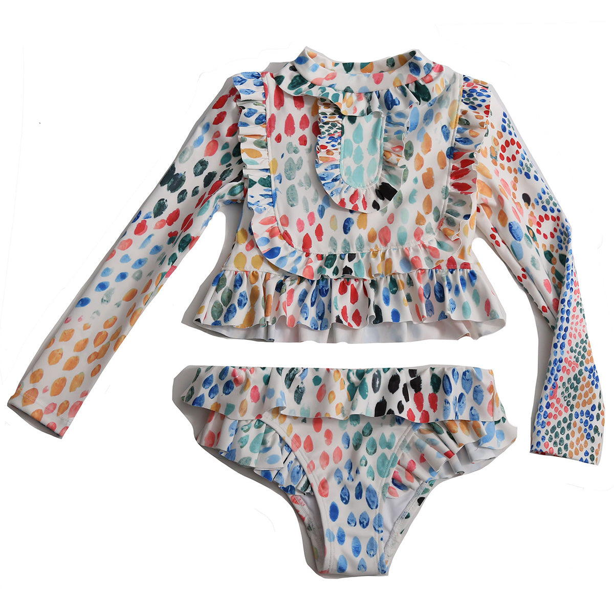 The Marina Ruffle Rash Guard Set from Tia Cibani. Girls rash guard and bikini bottom set. Water wave style ruffles at bodice.