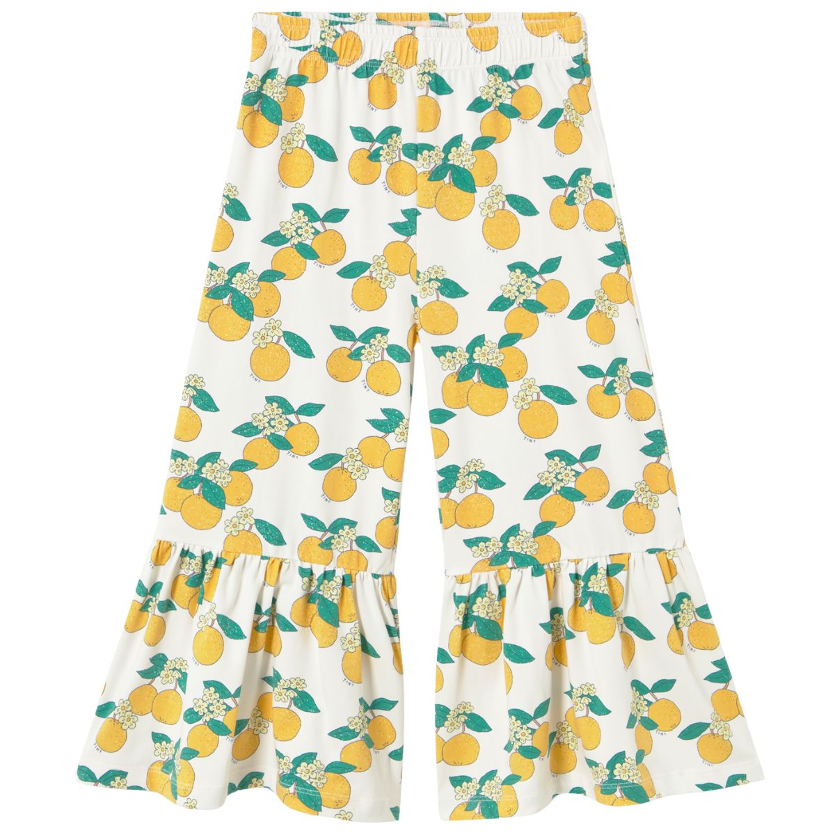 The Oranges Pant by Tiny Cottons, off-white straight-leg pants with all-over orange fruit print and elastic waistband.