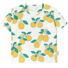 The Oranges Knitted Baby Tee from Tiny Cottons, white short sleeve top with orange fruit and green leaf print.