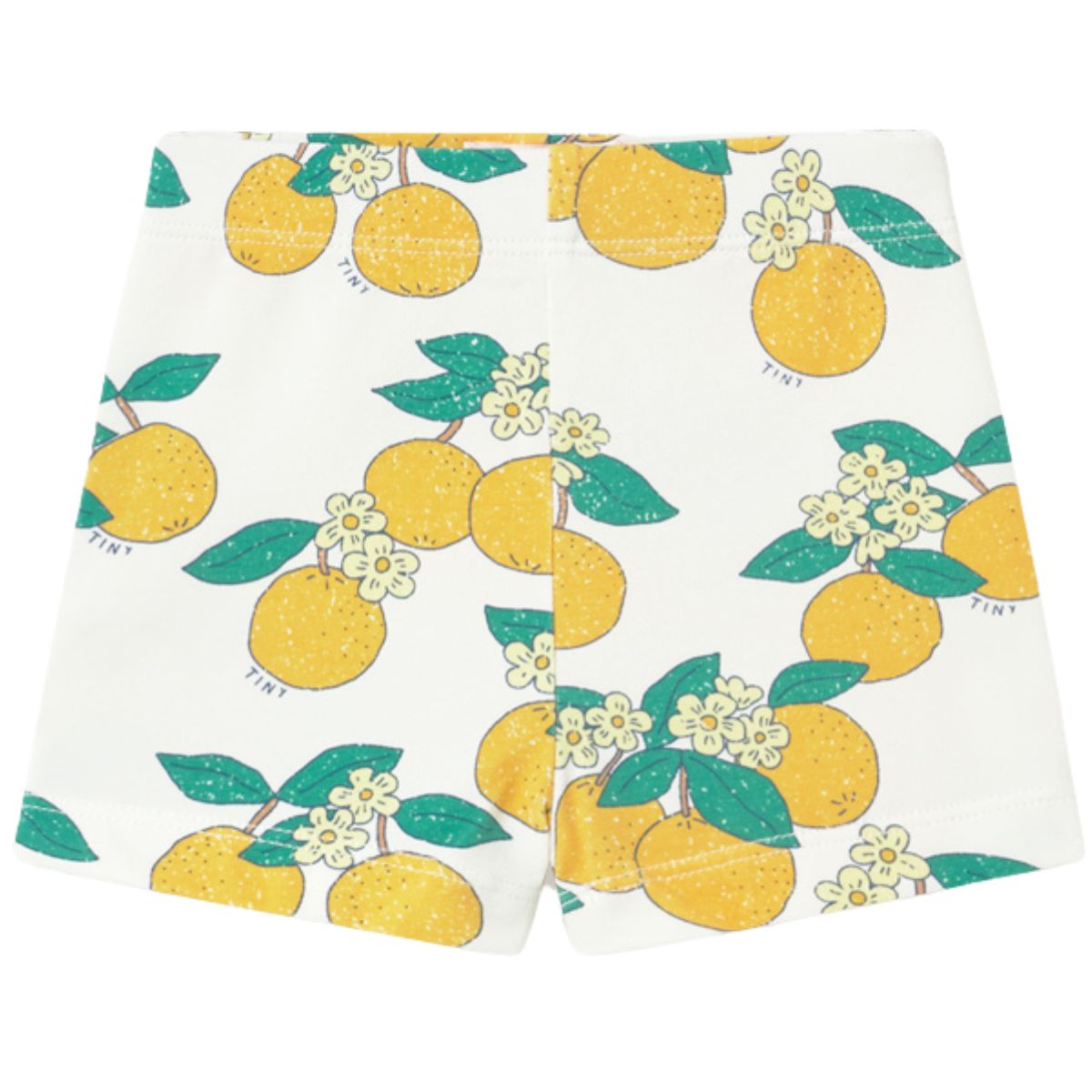 The Oranges Baby Short Leggings from Tiny Cottons, white fitted shorts with orange fruit and green leaf print.