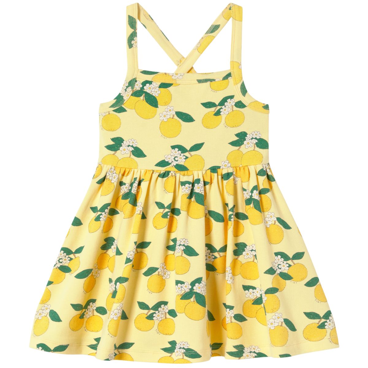 The Oranges Dress from Tiny Cottons, yellow sleeveless dress with orange fruit print and gathered skirt.