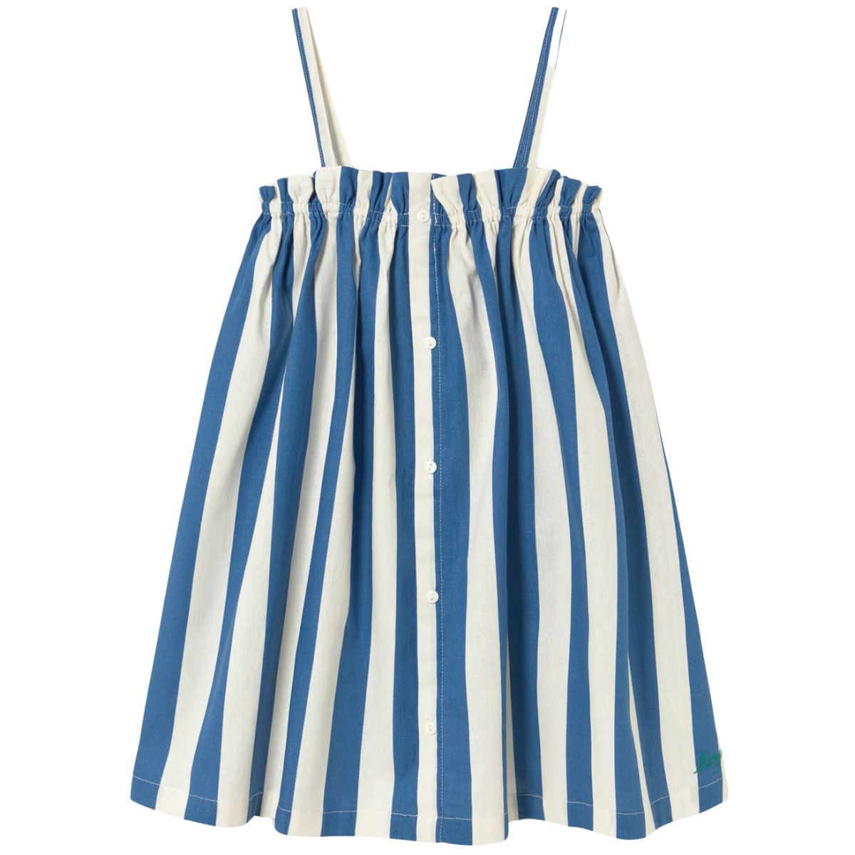 The Light Navy Stripes Dress from Tiny Cottons, sleeveless dress with thin straps and blue vertical stripes.