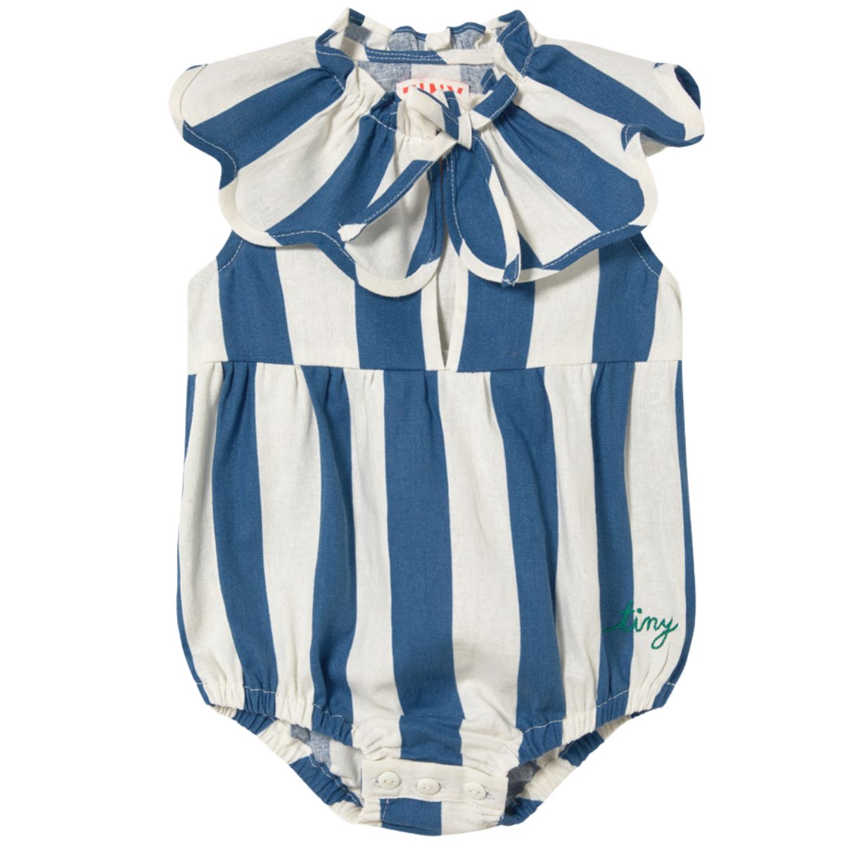 The Light Navy Stripes Body from Tiny Cottons, sleeveless romper with blue and white stripes and ruffle collar.