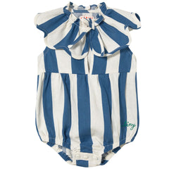 The Light Navy Stripes Body from Tiny Cottons, sleeveless romper with blue and white stripes and ruffle collar.