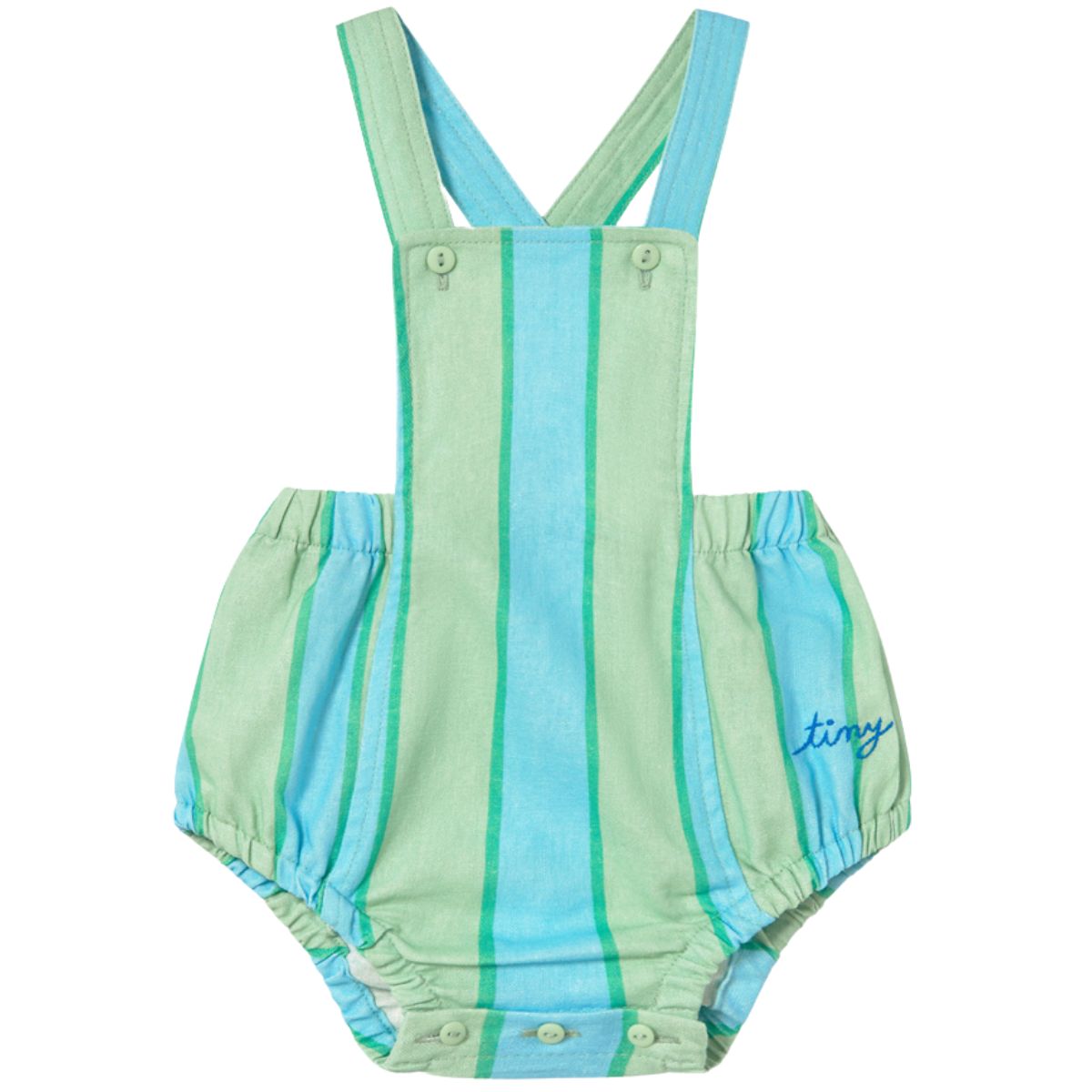 is a sleeveless romper with crossed straps, soft striped fabric, and snap closure.