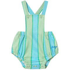 is a sleeveless romper with crossed straps, soft striped fabric, and snap closure.