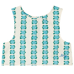 The Blue Flowers Top by Tiny Cottons, off-white sleeveless cropped top with vertical blue floral print and round neckline.