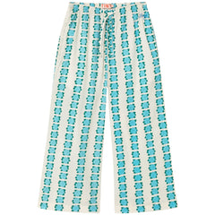 The Blue Flowers Pant by Tiny Cottons, off-white wide-leg pants with vertical blue floral stripes and drawstring waist.