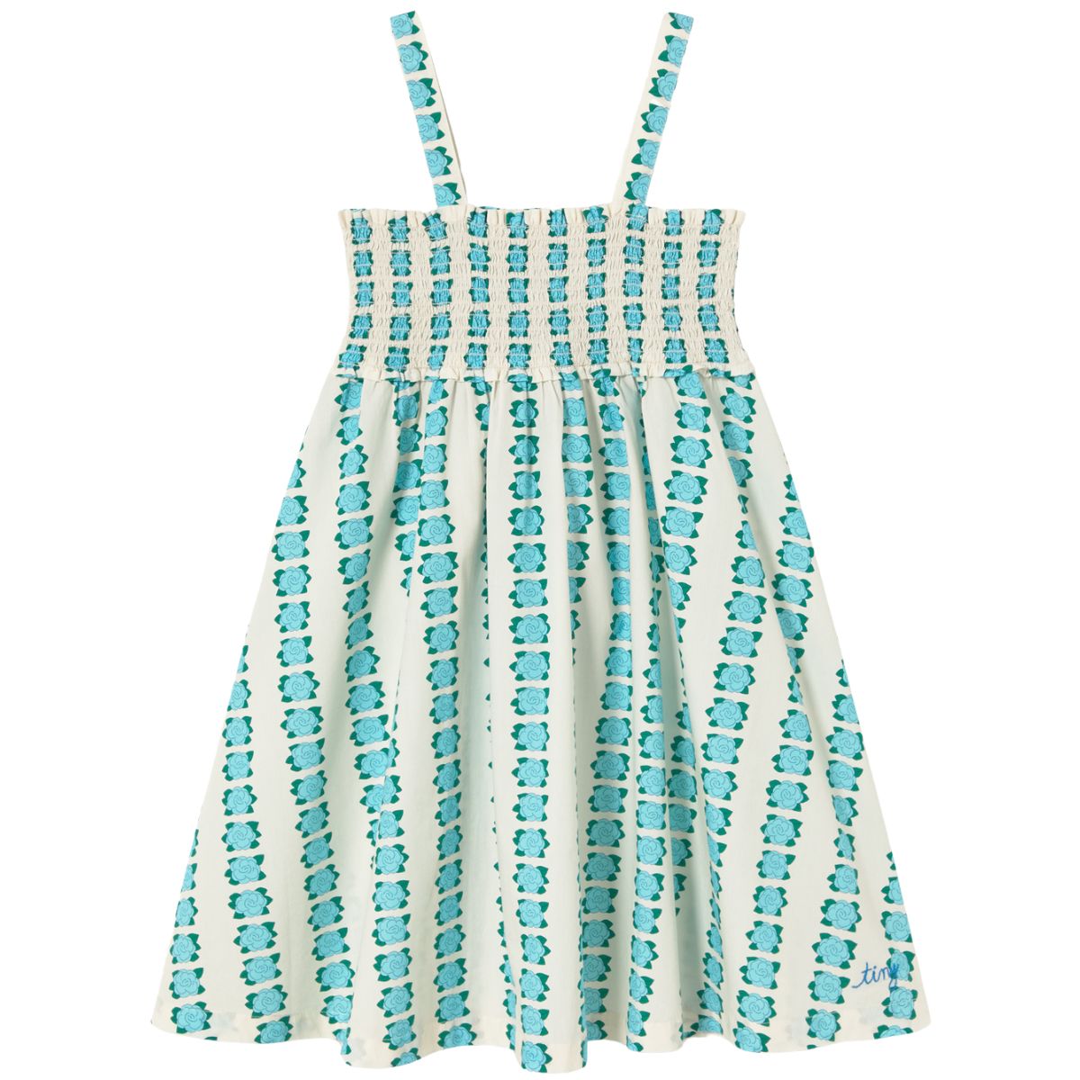 The Blue Flowers Strap Dress by Tiny Cottons, off-white dress with blue floral stripes, thin straps and smocked bodice.