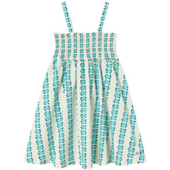 The Blue Flowers Strap Dress by Tiny Cottons, off-white dress with blue floral stripes, thin straps and smocked bodice.