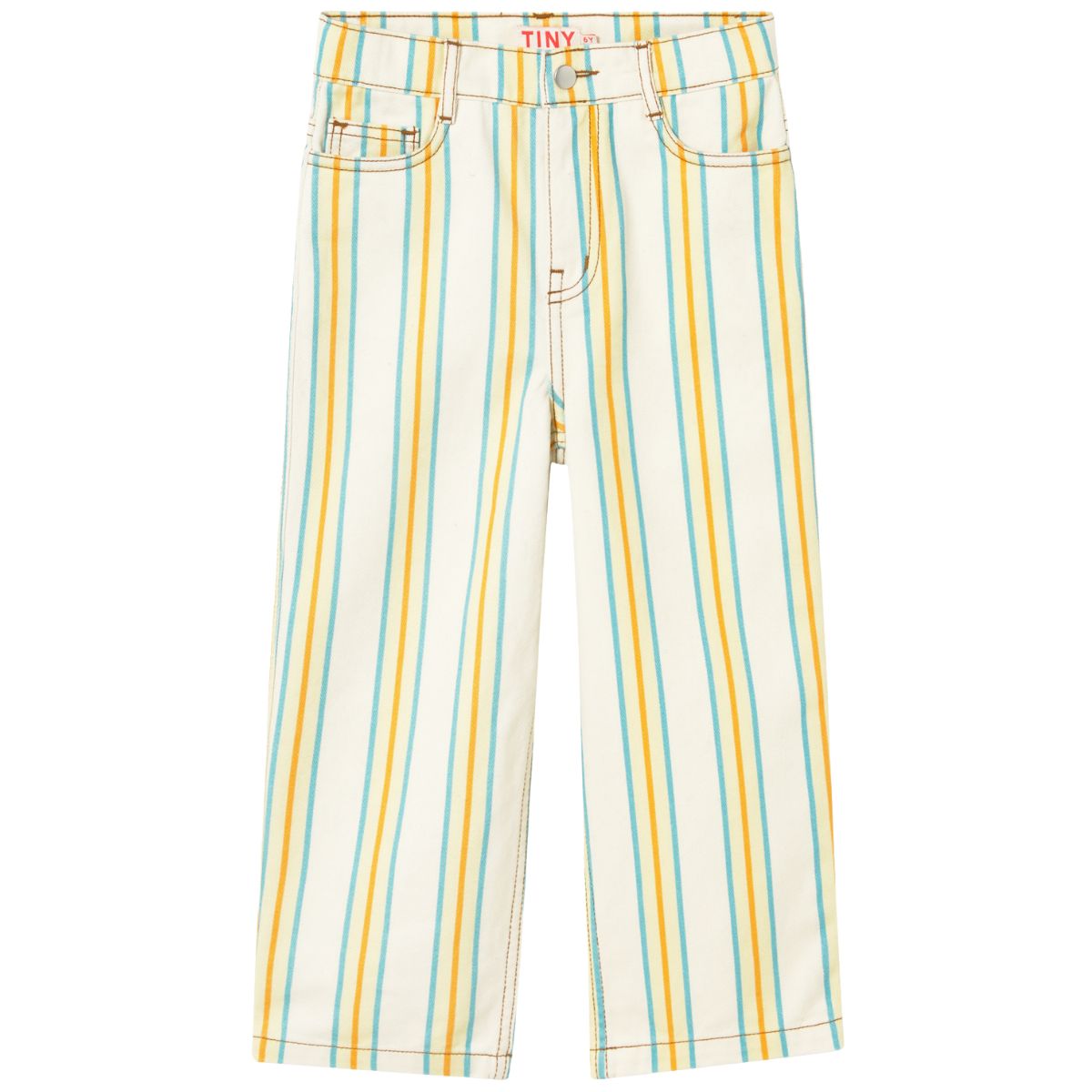 The Multicolor Stripes Denim Jeans by Tiny Cottons, off-white straight-leg jeans with vertical multicolor stripes and front pockets.