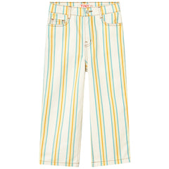 The Multicolor Stripes Denim Jeans by Tiny Cottons, off-white straight-leg jeans with vertical multicolor stripes and front pockets.